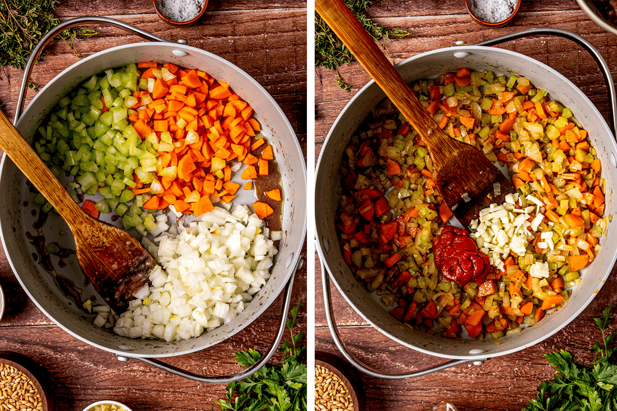 Two side-by-side images show a pot with diced onions, carrots, and celery being saut&eacute;ed; the second image shows the vegetables mixed and tomato paste added in the center, with a wooden spoon resting in the pot.