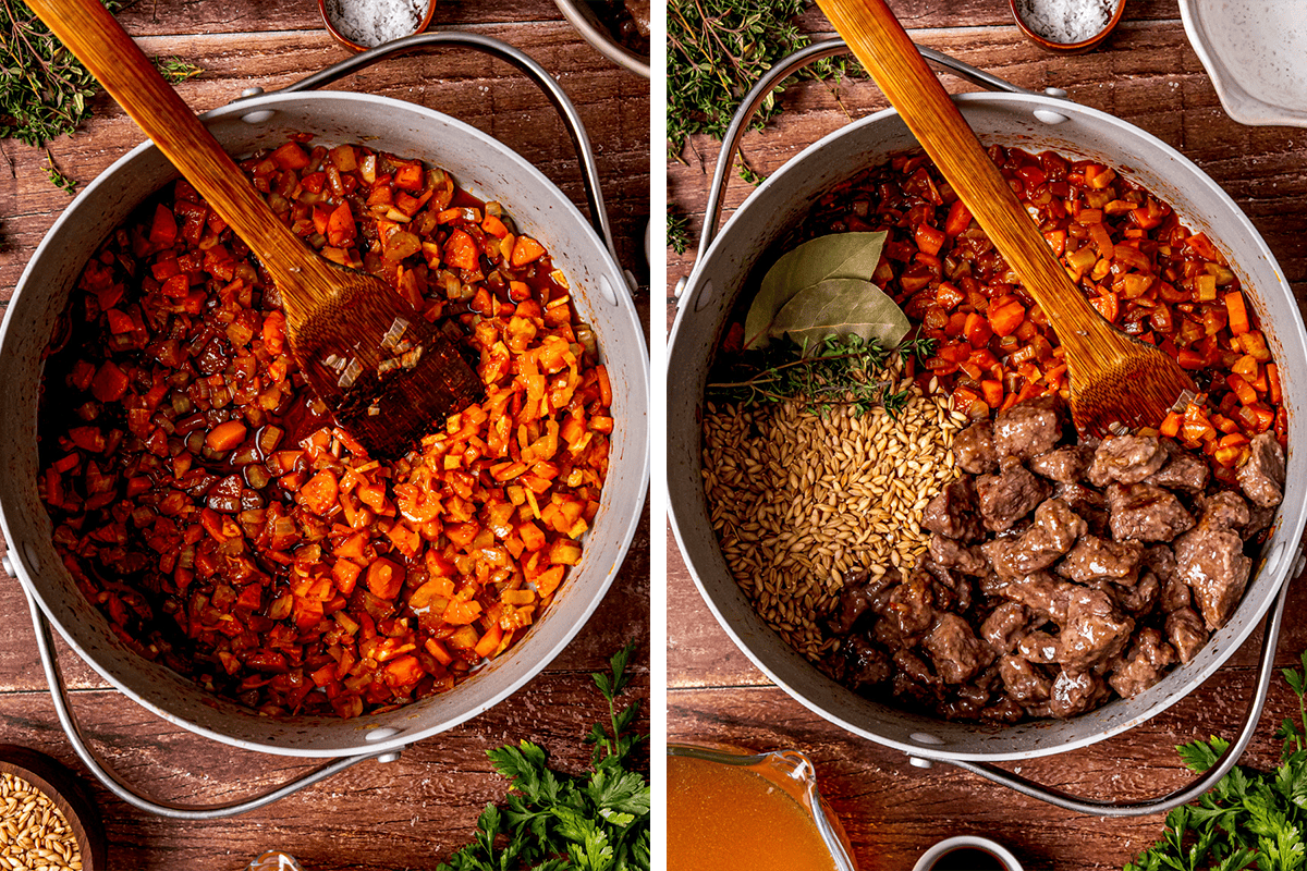 Two side-by-side photos show a pot with saut&eacute;ed diced vegetables and a wooden spoon on the left, and the same pot now filled with beef chunks, barley, herbs, and bay leaves added on the right, ready for cooking.