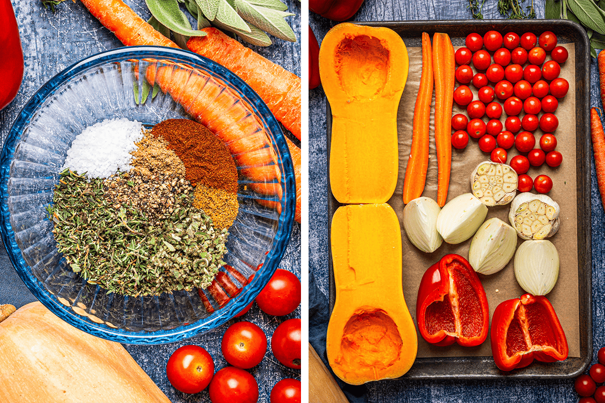 How to Make Butternut Squash Soup (Step-by-Step Photos) Left: A bowl with assorted spices and herbs. Right: A tray with halved butternut squash, carrots, garlic, cherry tomatoes, onion, and red bell pepper.