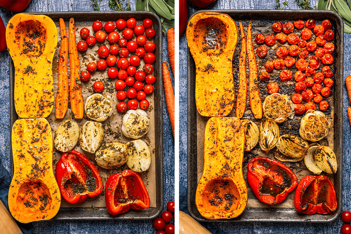 How to Make Butternut Squash Soup (Step-by-Step Photos) Two side-by-side images of a baking tray: the left shows raw vegetables (butternut squash, carrots, onions, red bell pepper, cherry tomatoes) seasoned with herbs; the right shows the same vegetables roasted and browned.