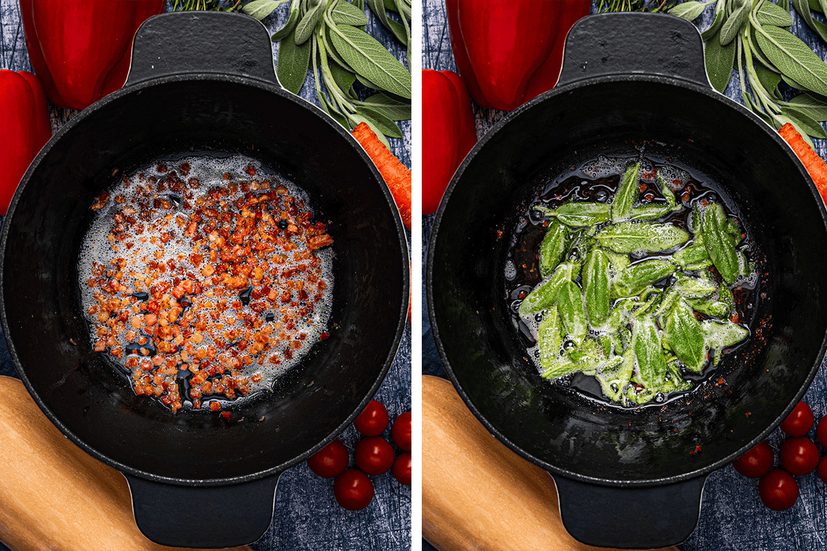 How to Make Butternut Squash Soup (Step-by-Step Photos) Side-by-side images show a black cast iron pan: on the left, crispy bacon pieces are sizzling; on the right, whole sage leaves are frying in oil.