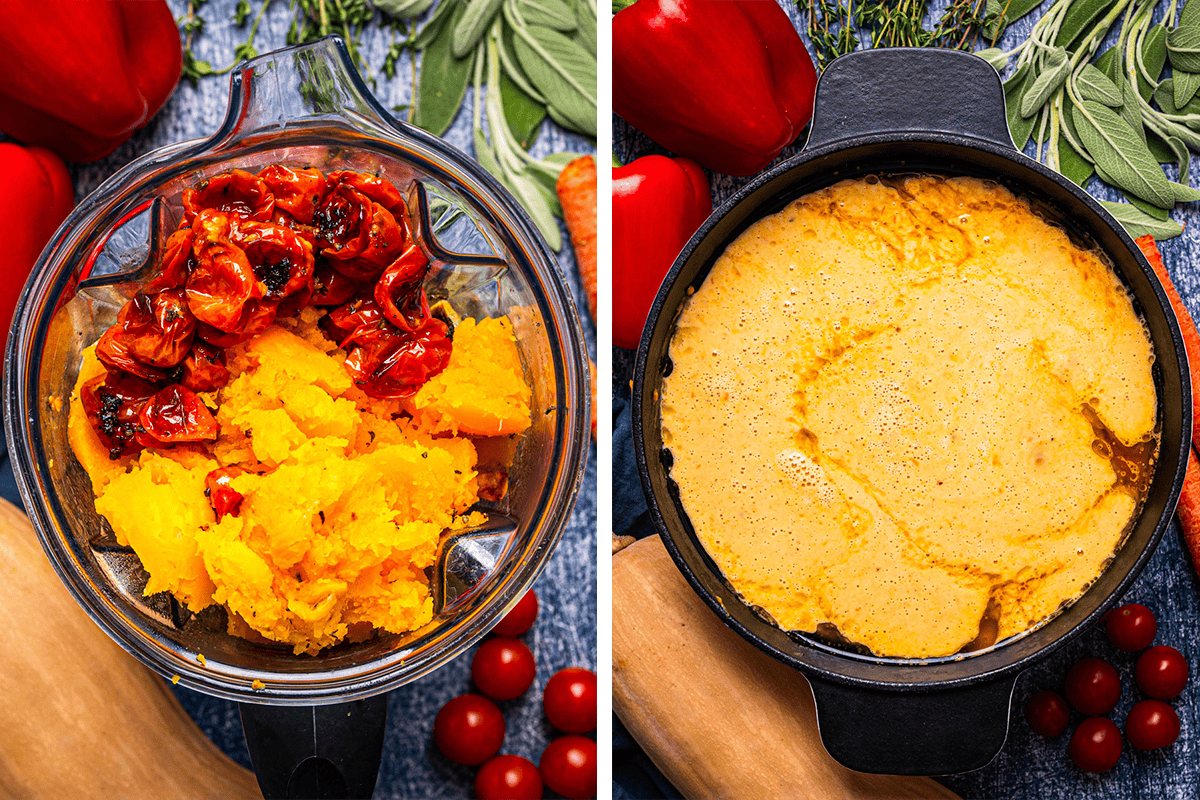 How to Make Butternut Squash Soup (Step-by-Step Photos) Side-by-side images: left, roasted tomatoes and cooked squash in a blender; right, blended mixture baked into a golden, fluffy dish in a black pan.