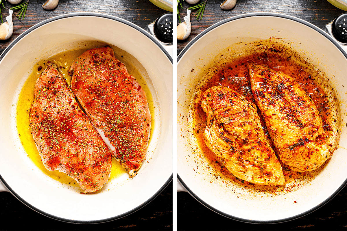 How to Make Chicken Gnocchi Soup (Step-by-Step Photos) Side-by-side images of two chicken breasts in a pan: on the left, they are raw and seasoned; on the right, they are cooked and golden brown with visible seasoning and oil.