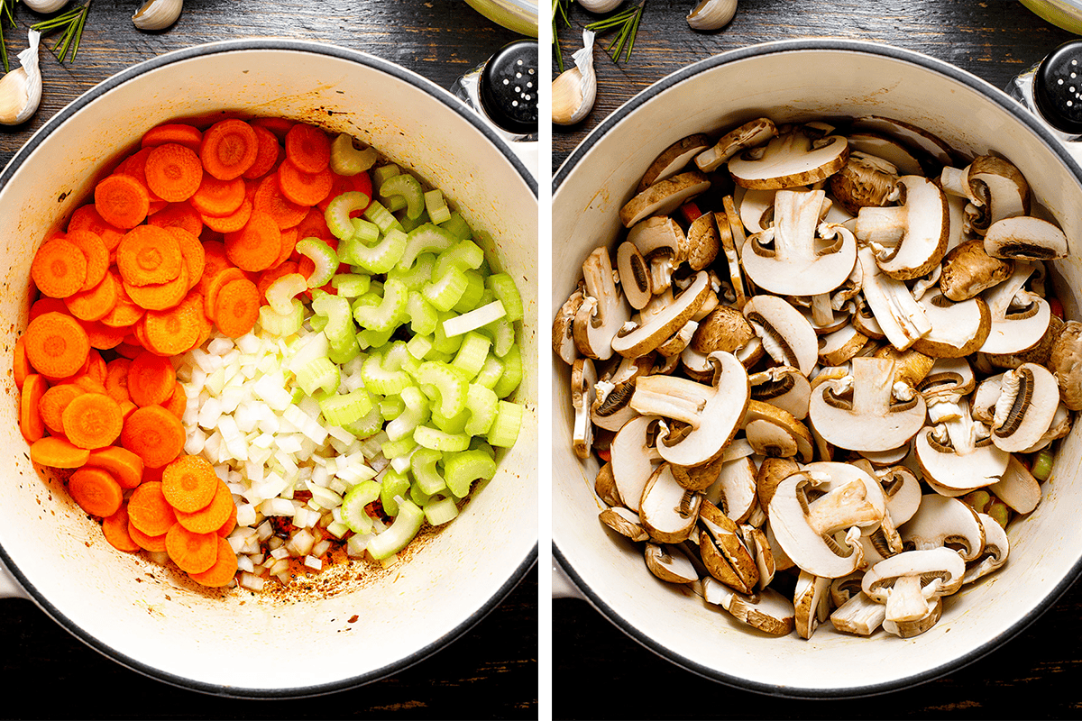 How to Make Chicken Gnocchi Soup (Step-by-Step Photos) Side-by-side images of a pot: the left side shows sliced carrots, celery, and diced onions, while the right side shows the same pot now filled with sliced mushrooms on top of the vegetables.