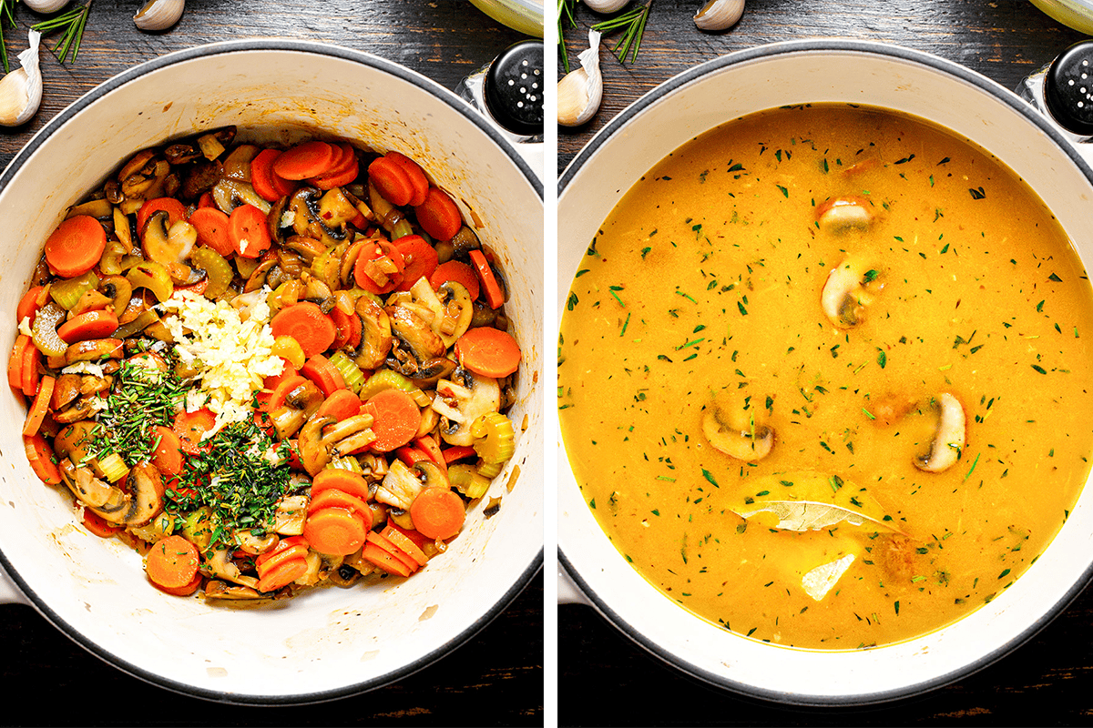 How to Make Chicken Gnocchi Soup (Step-by-Step Photos) Side-by-side images show a pot with sautéed carrots, mushrooms, garlic, and herbs on the left, and the same pot with the ingredients transformed into a creamy soup garnished with herbs and a bay leaf on the right.