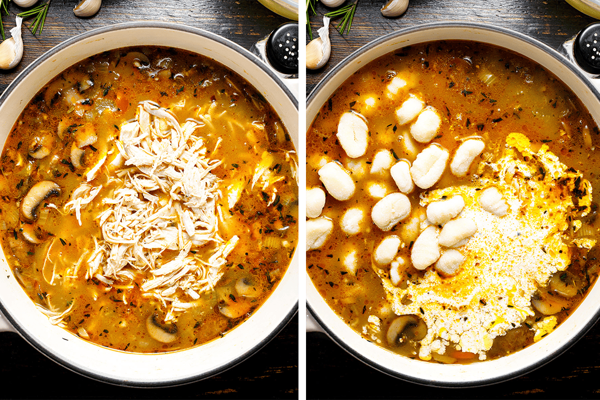 How to Make Chicken Gnocchi Soup (Step-by-Step Photos) Side-by-side images of a pot of soup. Left: soup with shredded chicken, mushrooms, and broth. Right: the same soup with added gnocchi and cream, ready to be stirred.