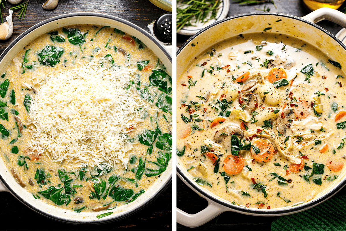 How to Make Chicken Gnocchi Soup (Step-by-Step Photos) Two images of a creamy soup in a pot: the left shows spinach leaves and grated cheese on top, while the right shows the finished soup with shredded chicken, carrots, greens, and visible herbs.