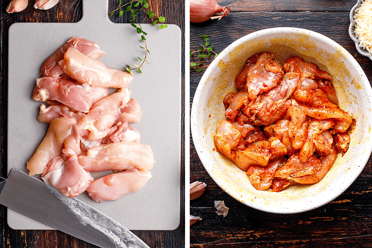 Left: Raw chicken pieces on a cutting board with a knife and fresh herbs. Right: Chicken pieces marinated with spices in a white bowl, surrounded by garlic cloves and herbs on a wooden table.