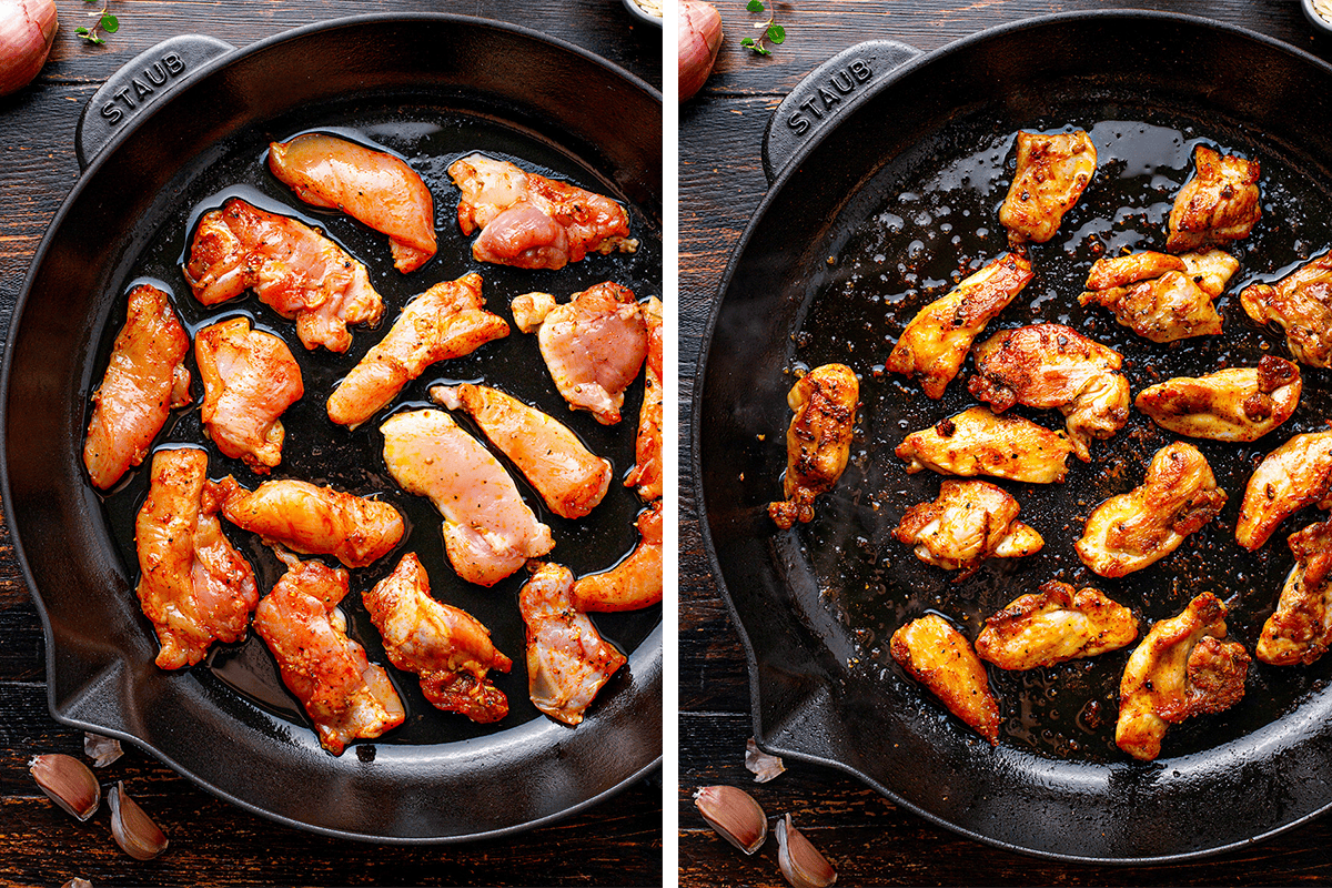 Side-by-side images of chicken pieces in a black skillet: the left shows raw, seasoned chicken being cooked, while the right shows the same chicken pieces cooked to a golden brown. Garlic cloves and herbs are nearby.