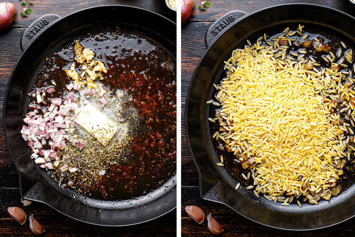 Two images of a black Staub skillet: left, butter melting with chopped shallots, garlic, red pepper flakes, and herbs; right, uncooked orzo pasta added to the skillet, ingredients being toasted together.