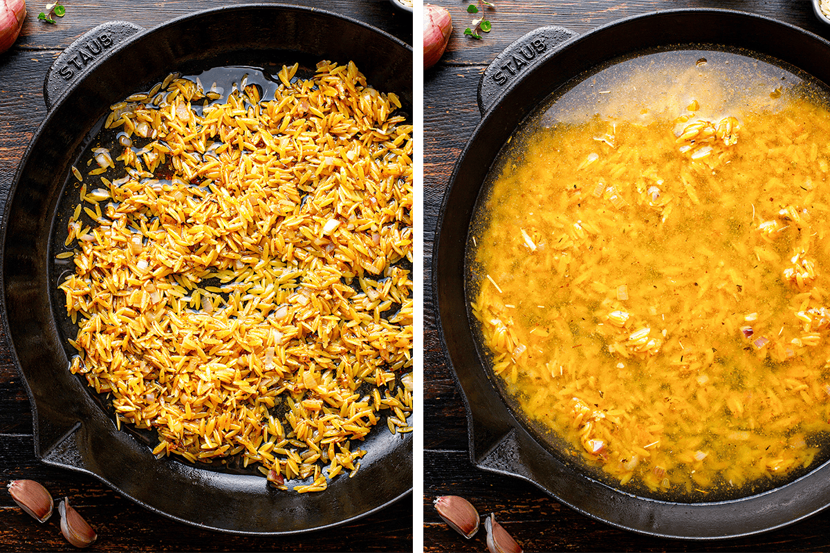 Side-by-side images of a skillet with orzo pasta; left shows toasted orzo in oil, right shows the orzo simmering in broth, with visible liquid and seasonings. Garlic cloves are on the wooden table around the skillet.