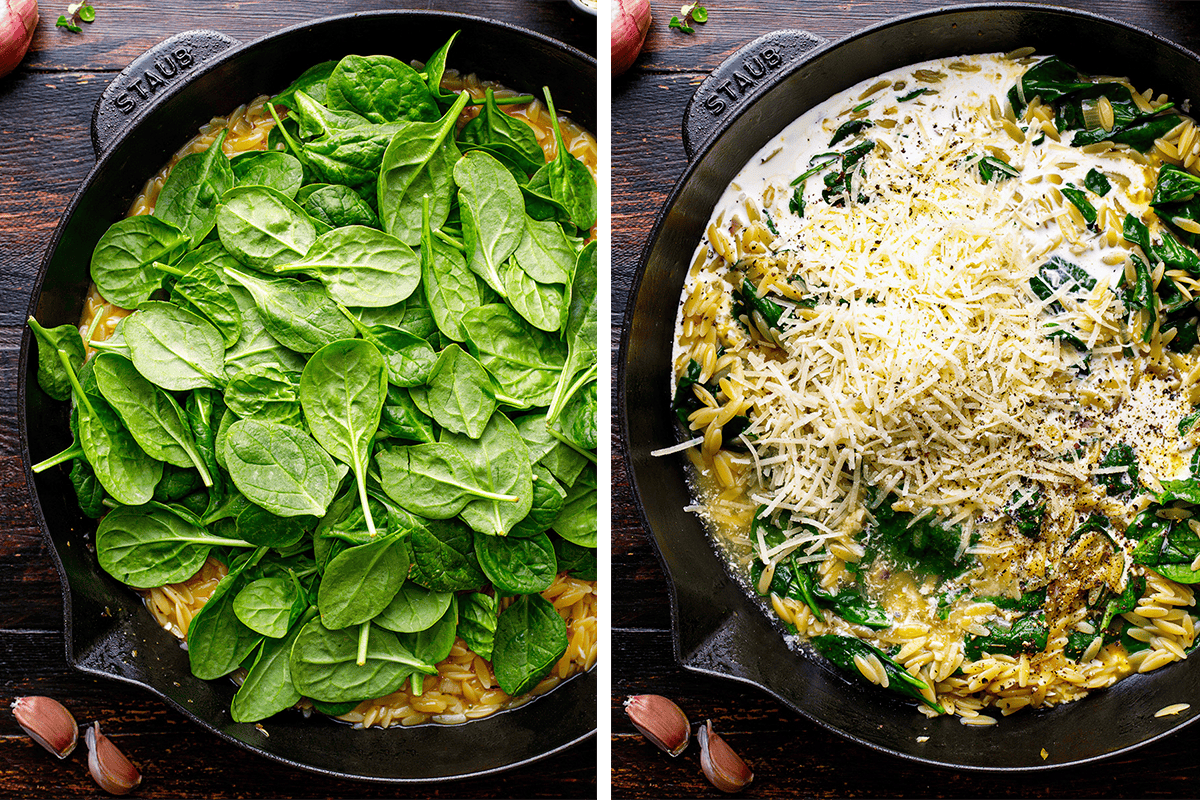 Side-by-side image of a skillet with orzo, fresh spinach, and garlic on the left; on the right, the same skillet shows spinach wilted, mixed with cream and grated cheese on top, ready to be stirred.
