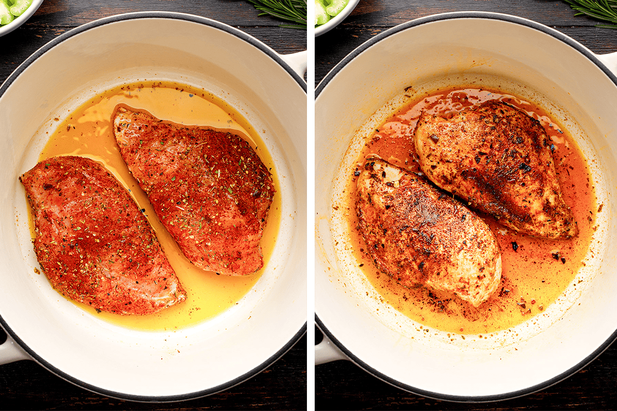 How to Make Chicken Noodle Soup (Step-by-Step Photos) Side-by-side images show two seasoned chicken breasts in a white pan: the left shows them raw and marinating in oil and spices, while the right shows them cooked, browned, and coated in seasoning.