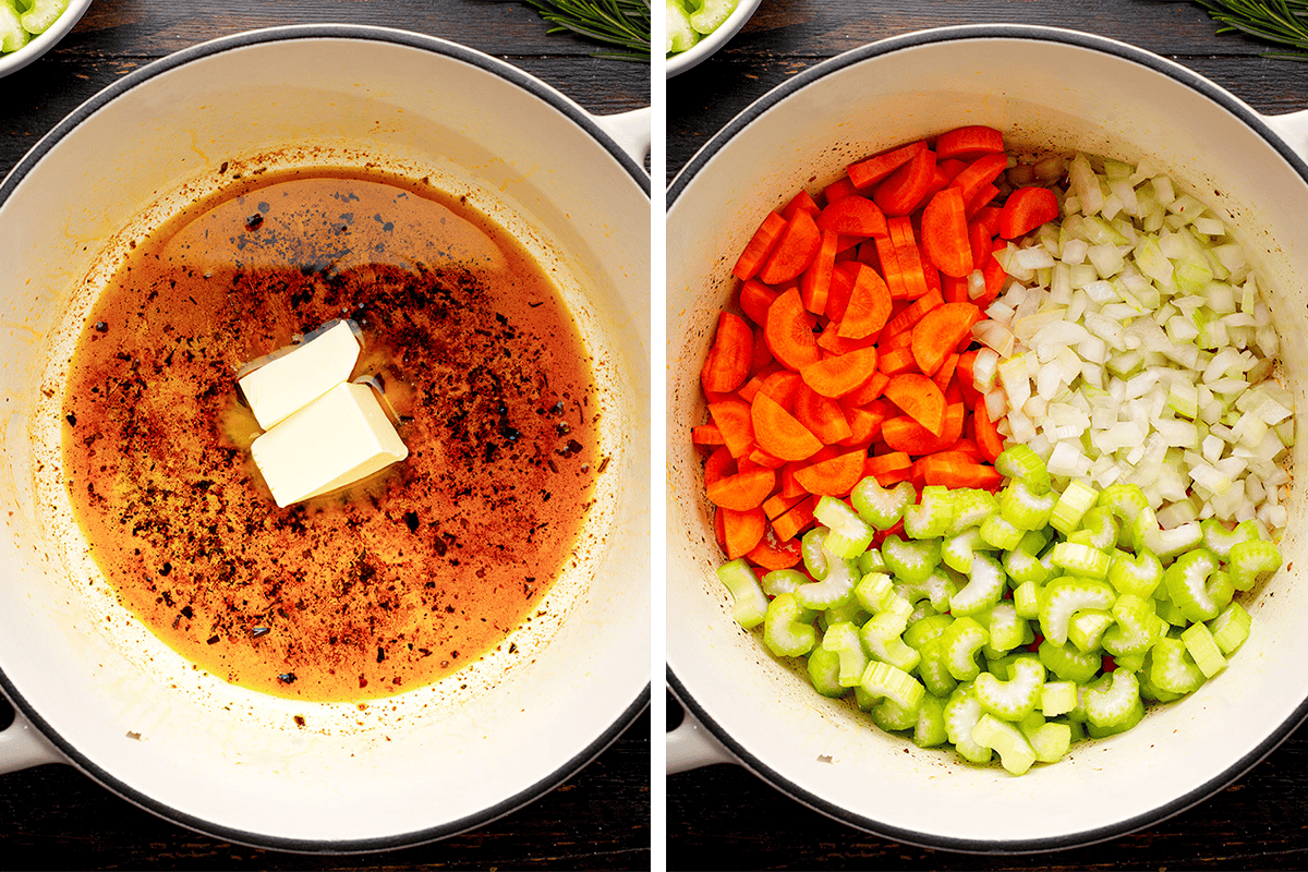 How to Make Chicken Noodle Soup (Step-by-Step Photos) A split image: on the left, two butter sticks melting in a pot with seasonings; on the right, chopped carrots, celery, and onions added to the pot, ready to be sautéed.