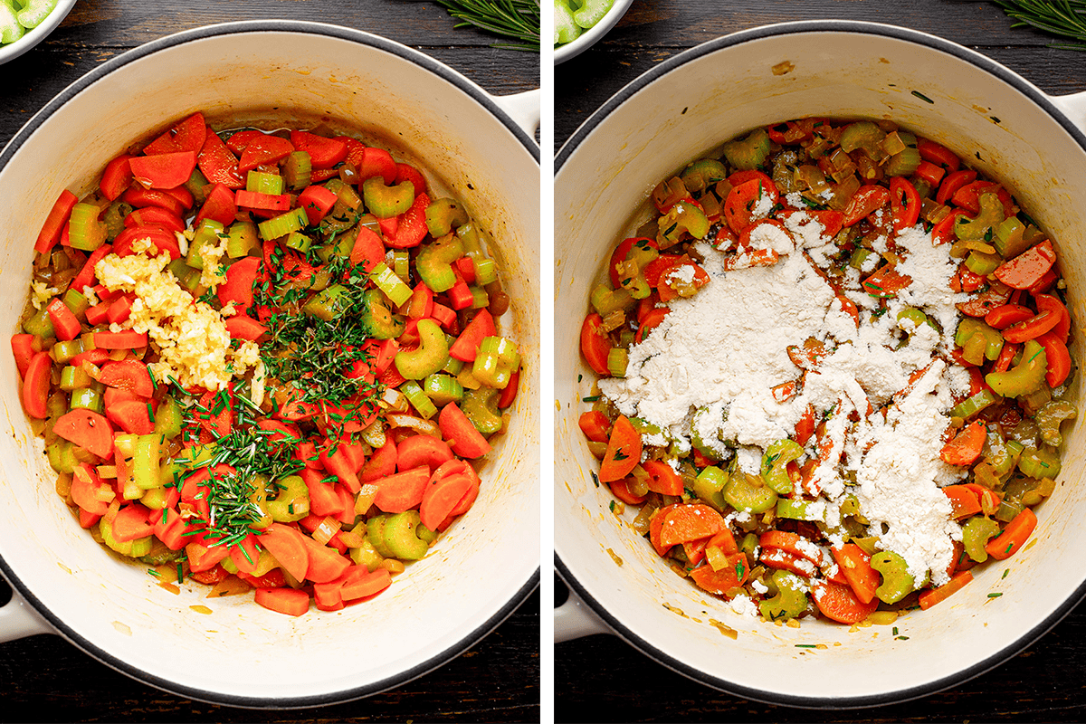 How to Make Chicken Noodle Soup (Step-by-Step Photos) Two side-by-side images of a pot with sautéed carrots and celery. The left image shows added minced garlic and herbs; the right image shows the same mixture topped with a layer of white flour.