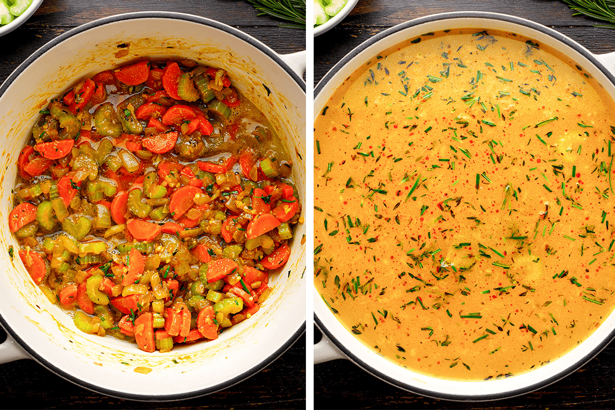 How to Make Chicken Noodle Soup (Step-by-Step Photos) Side-by-side images show a soup in progress: the left half displays chopped carrots, celery, and onions sautéing in a pot; the right half shows the finished creamy yellow soup garnished with chopped herbs.