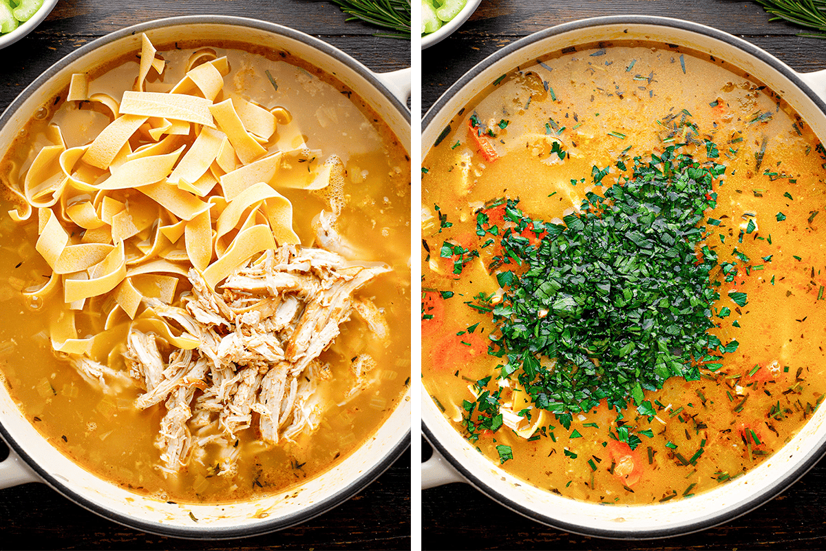 How to Make Chicken Noodle Soup (Step-by-Step Photos) Side-by-side images of a soup pot: left shows uncooked egg noodles and shredded chicken in broth; right shows the cooked soup with chopped fresh herbs added on top.
