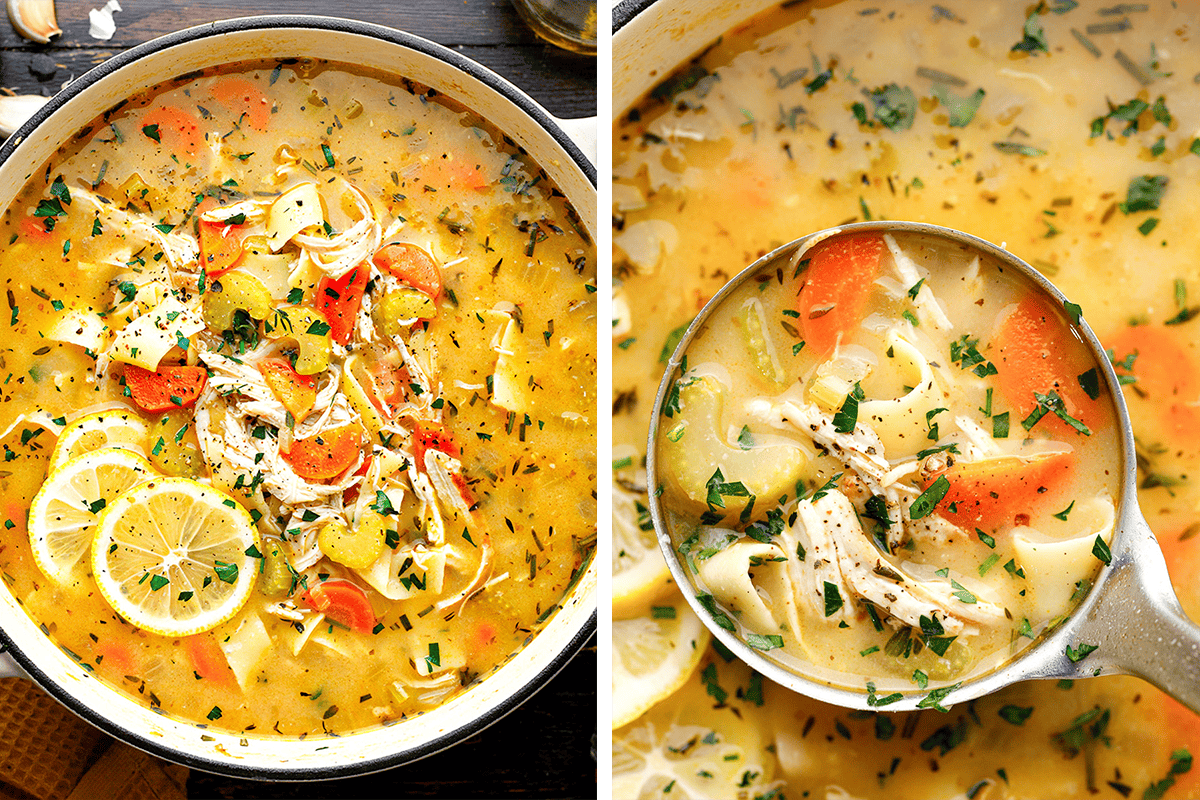How to Make Chicken Noodle Soup (Step-by-Step Photos) Two images of a creamy chicken soup with shredded chicken, carrots, celery, herbs, and lemon slices, shown in a pot and a ladle filled with soup, garnished with fresh parsley.