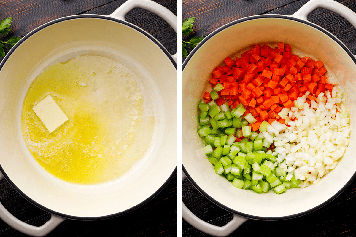 How to Make Chicken Pot Pie Soup (Step-by-Step Photos) Split image: Left, a saucepan with melted butter and a pat of unmelted butter. Right, the same saucepan with diced carrots, celery, and onions added, but not yet stirred or cooked.