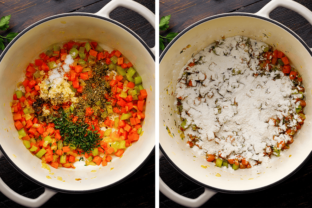 How to Make Chicken Pot Pie Soup (Step-by-Step Photos) Two images side by side show a pot with sautéed carrots, celery, seasonings, and herbs on the left, and the same mixture topped with a layer of flour on the right.