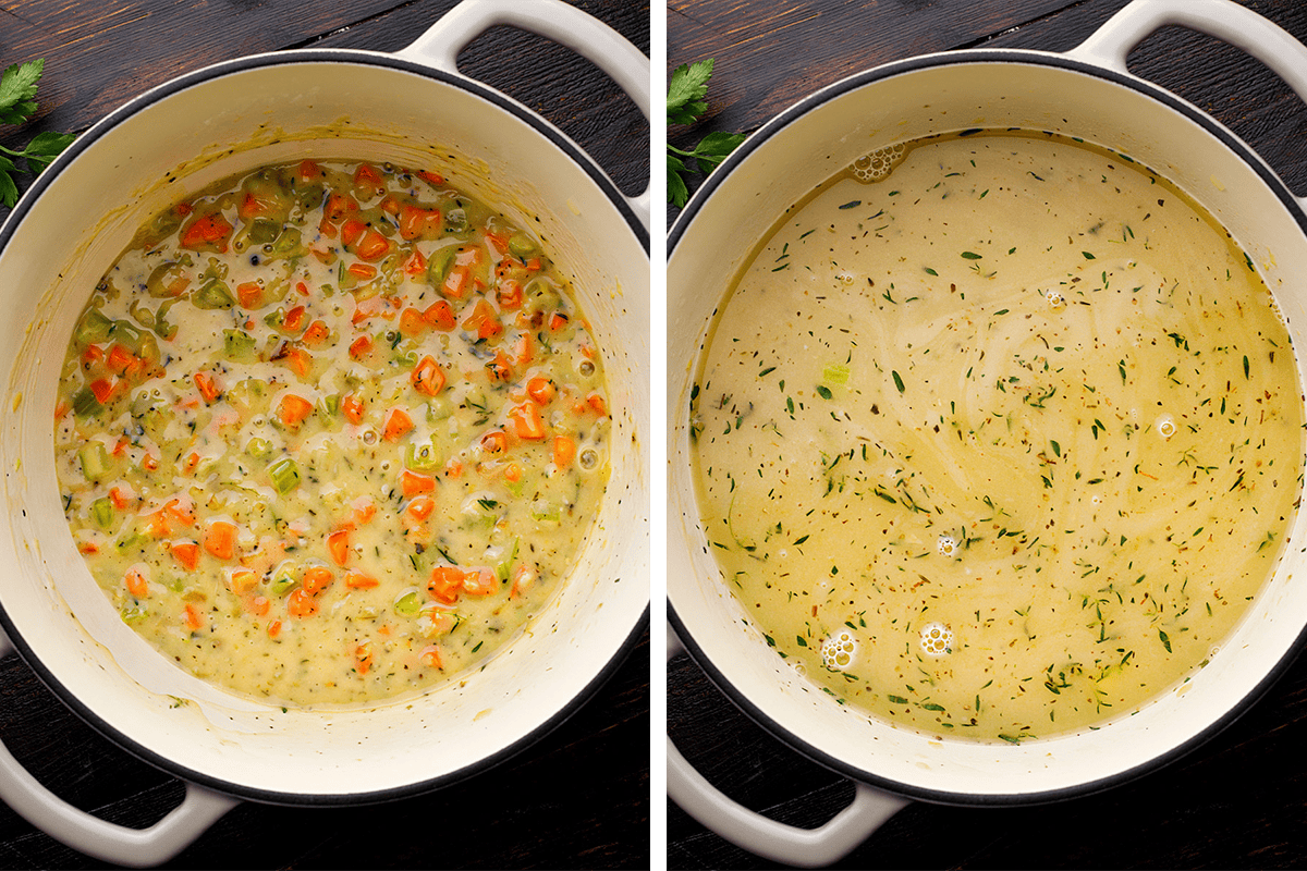 How to Make Chicken Pot Pie Soup (Step-by-Step Photos) Side-by-side images of a white pot: the left side shows diced carrots, celery, and seasoning in a creamy base; the right side shows a smooth, light-colored soup with visible herbs and some bubbles.