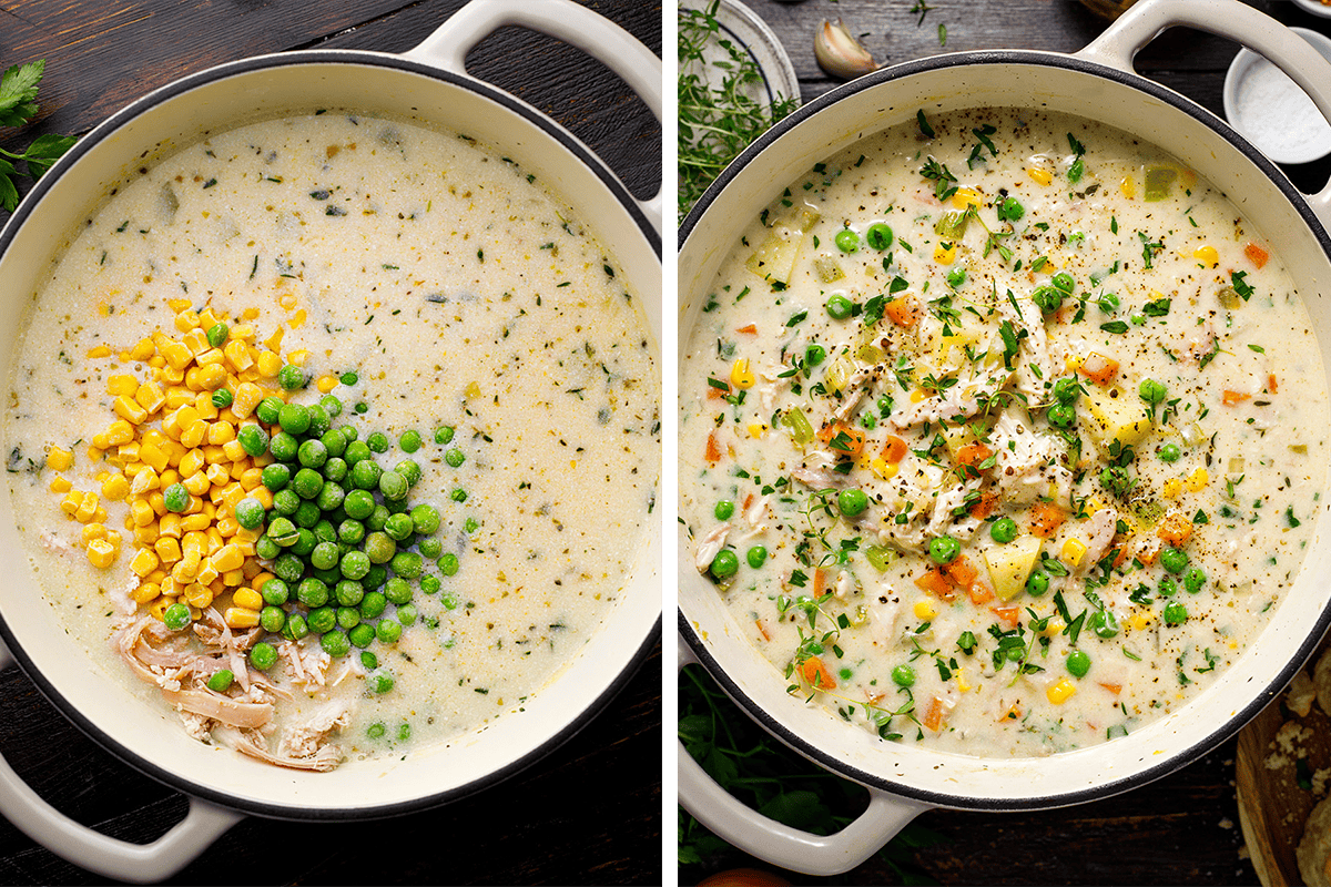 How to Make Chicken Pot Pie Soup (Step-by-Step Photos) A creamy soup in a white pot shown in two stages: on the left, with peas, corn, shredded chicken, and herbs on top; on the right, mixed together with visible vegetables and garnished with fresh herbs.