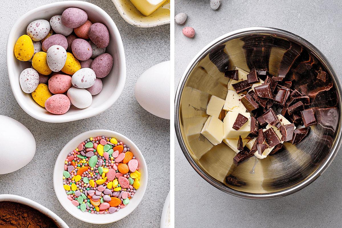 A split image shows pastel candy eggs and colorful sprinkles in bowls on the left, and a metal bowl with chunks of dark chocolate and butter cubes on the right, set on a light countertop.