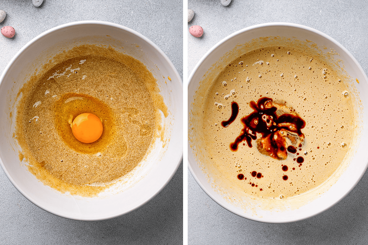 Two white bowls with baking mixtures: the left bowl has a brown, grainy batter with a whole egg on top; the right bowl has a smoother batter with dark liquid and bubbles in the center, possibly vanilla extract.