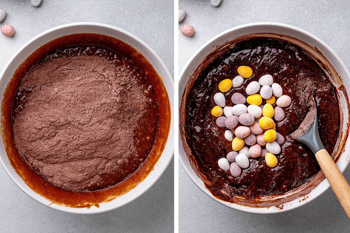 Two images side by side: The left shows a bowl of brownie batter with dry cocoa mix on top. The right shows the batter mixed with colorful chocolate eggs and a spatula in the bowl.
