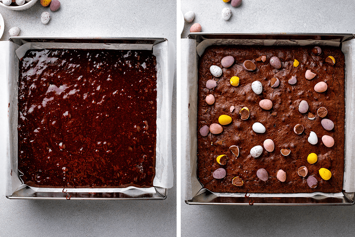 Side-by-side images of a square baking pan: on the left, unbaked chocolate brownie batter; on the right, baked brownies topped with whole and crushed candy-coated chocolate eggs.