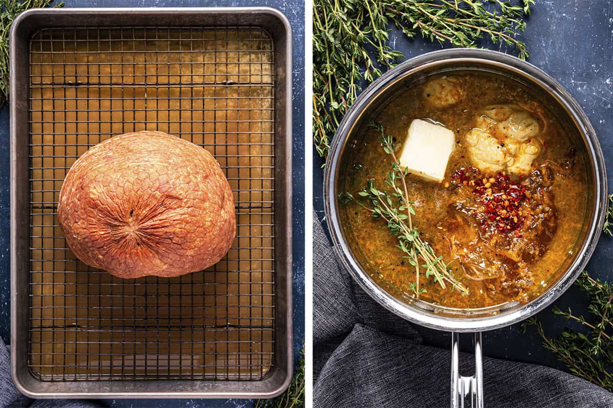Left: A whole cooked spiral cut ham on a wire rack in a baking tray. Right: A saucepan with ham glaze ingredients, herbs, red pepper flakes, and a pat of butter on a dark surface with scattered fresh thyme.