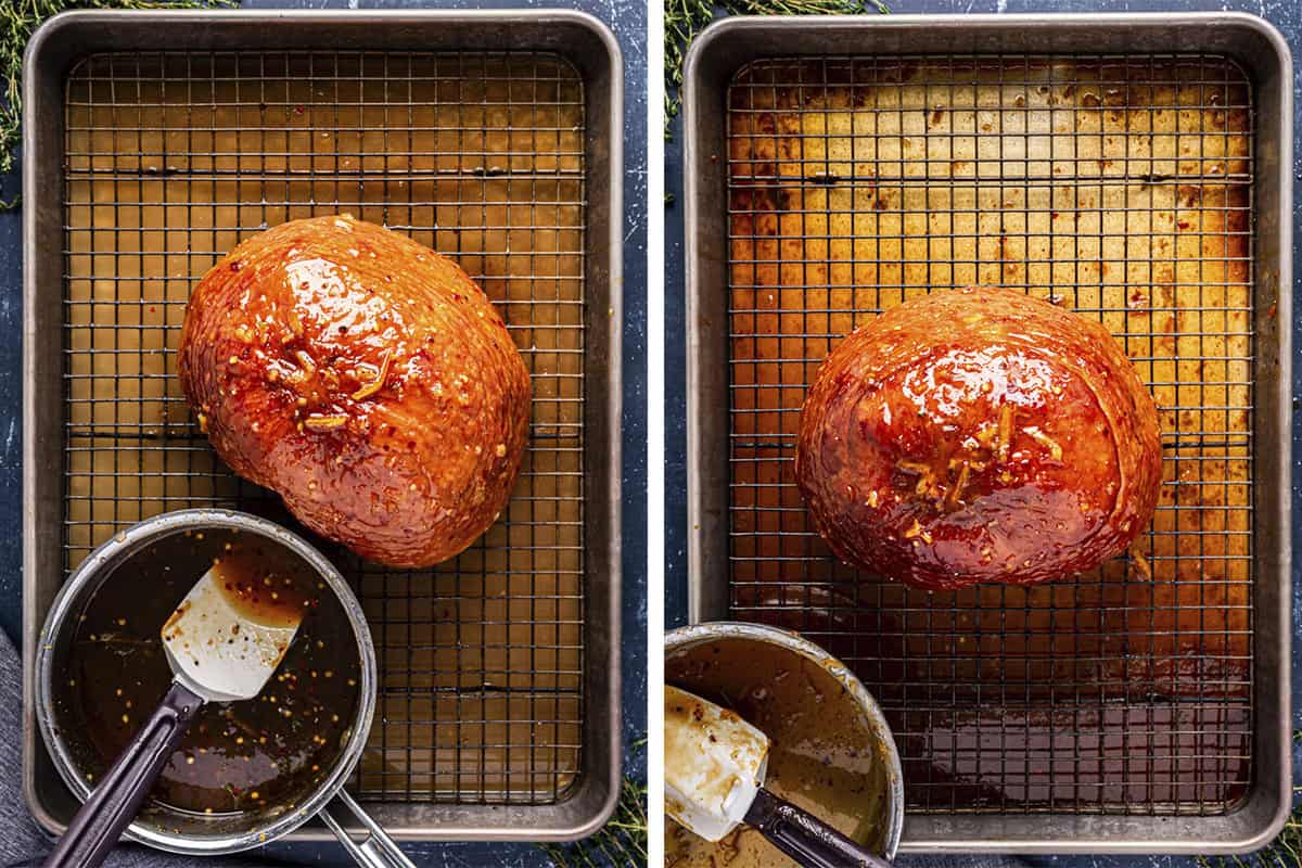 Two images side by side show a glazed ham on a wire rack in a baking pan. On the left, the baked ham is being coated with glaze from a saucepan; on the right, the glazed ham is baked and caramelized, with less sauce remaining.
