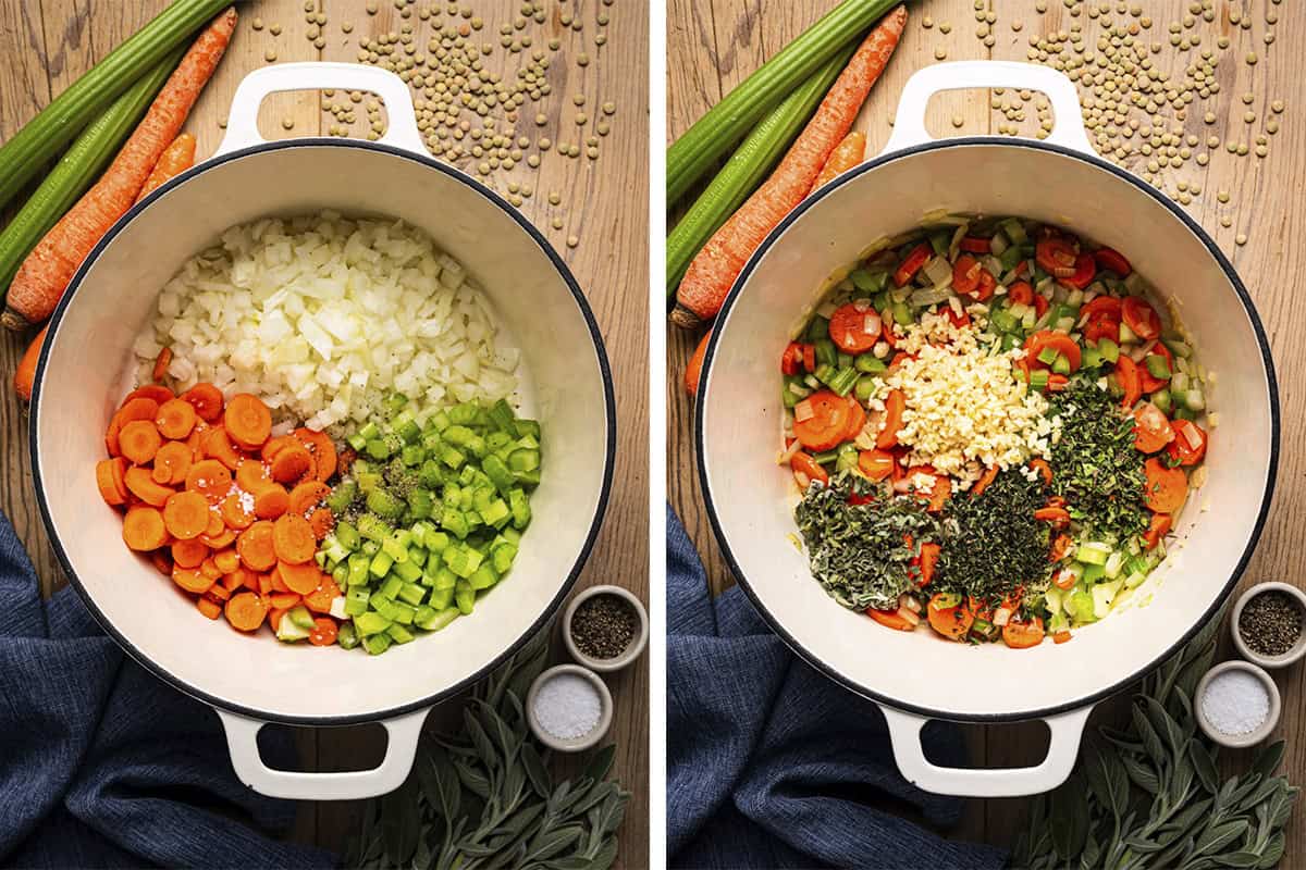 Two side-by-side images show a white pot filled with chopped onions, carrots, and celery, surrounded by whole carrots, celery, lentils, and seasonings on a wooden surface. The right image adds minced garlic and herbs.