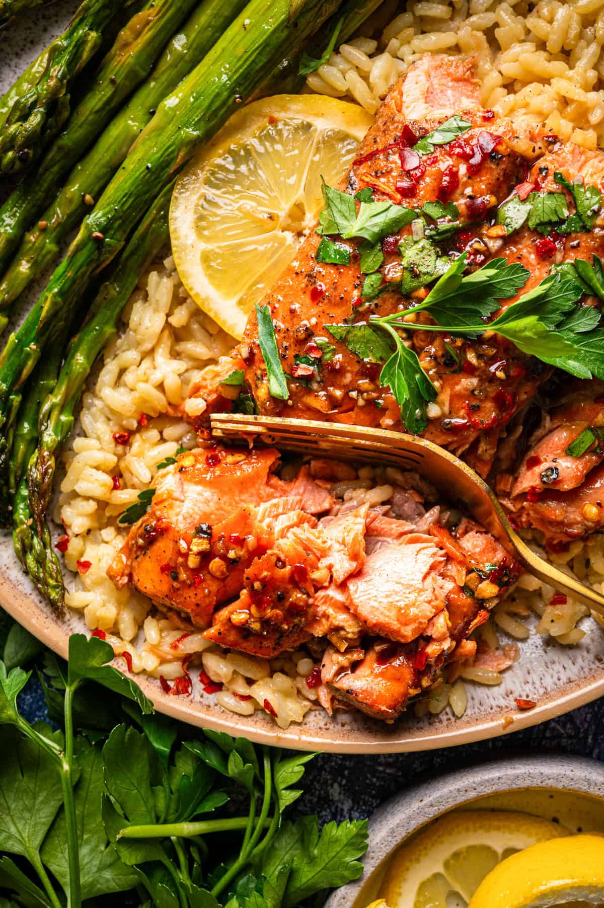 Grilled salmon with herbs on a bed of seasoned rice, garnished with chopped parsley and a lemon slice, served alongside roasted asparagus spears.