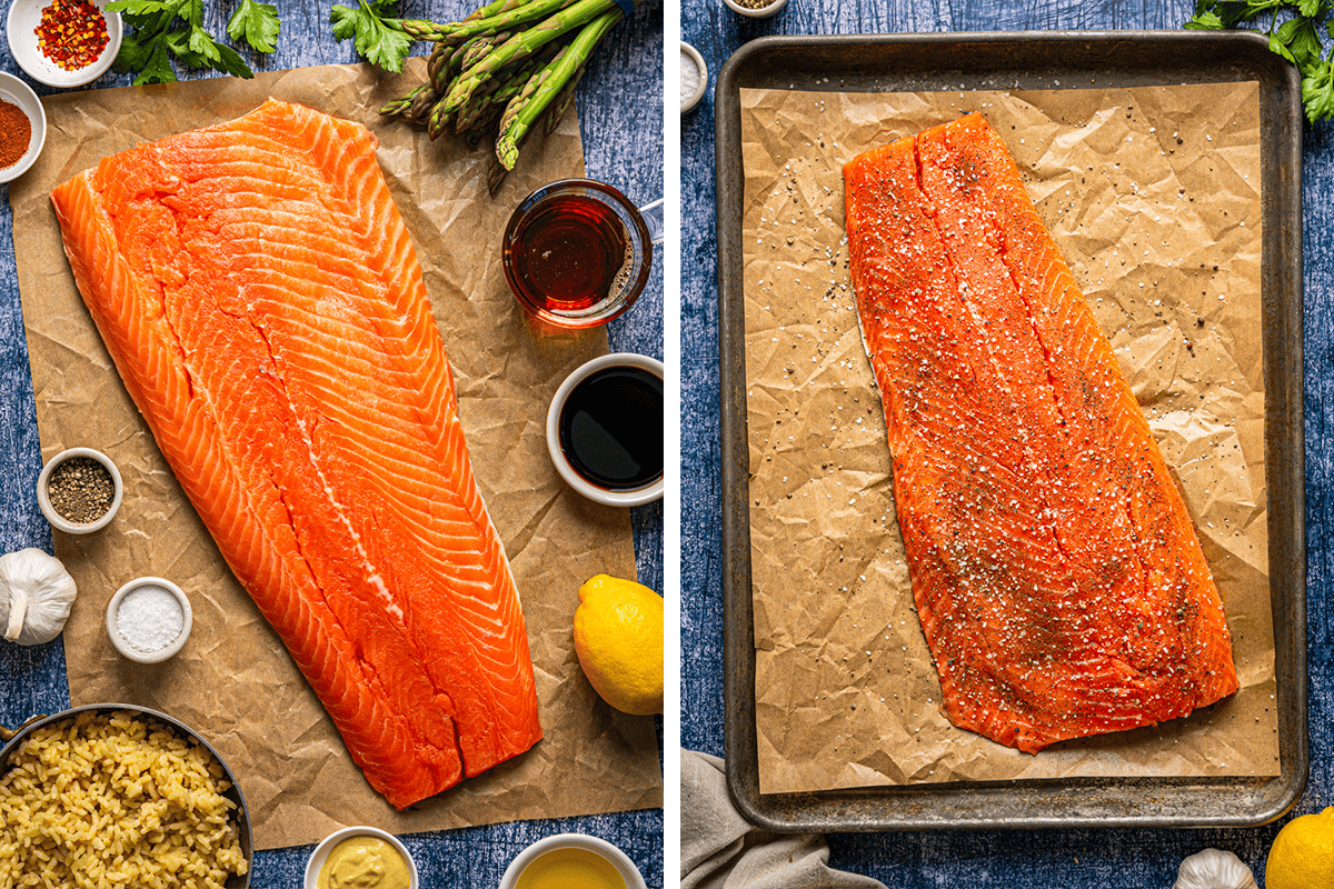 Two images of a salmon fillet on parchment paper: the left shows raw salmon surrounded by ingredients like lemon, garlic, spices, and rice; the right shows the fillet seasoned with spices, ready for cooking.
