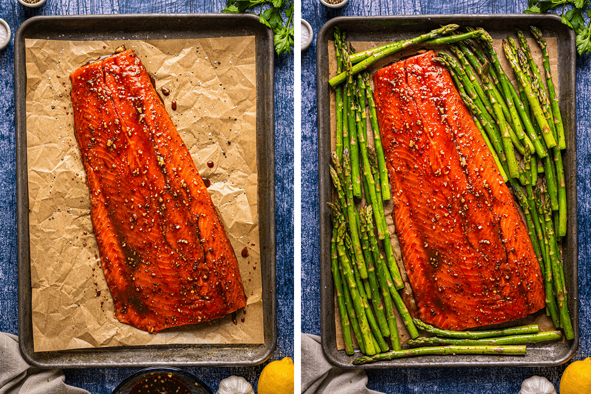 Side-by-side images of a baking tray: on the left, a marinated salmon fillet on parchment paper; on the right, the same tray with added asparagus spears surrounding the marinated salmon.