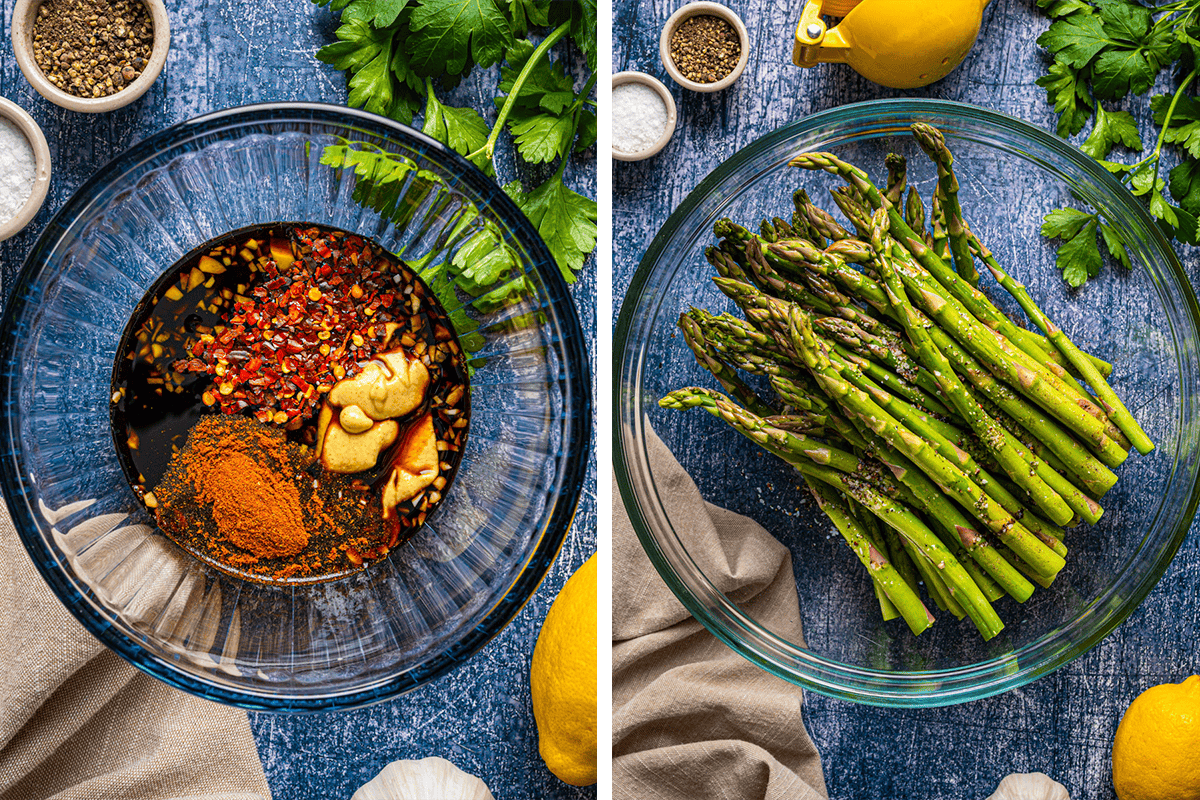 Side-by-side images: Left, a glass bowl with soy sauce, mustard, red pepper flakes, and spices. Right, the same bowl now holding fresh asparagus spears with seasonings. Fresh herbs, lemon, and spices surround the bowls.