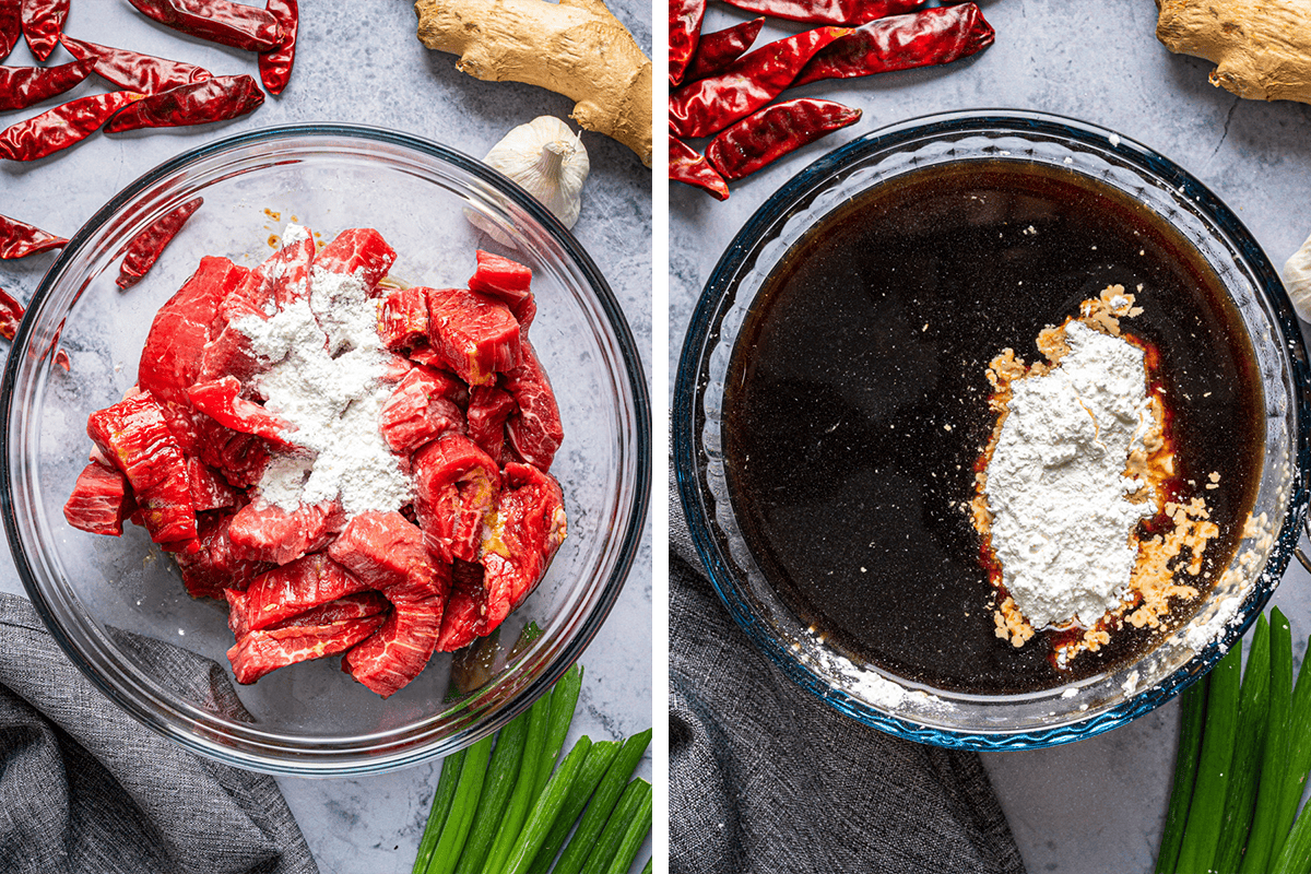 Two side-by-side bowls: the left bowl holds raw sliced beef and baking powder, the right bowl contains soy sauce with cornstarch on top. Surrounding are dried red chilies, ginger, garlic, and green onions.