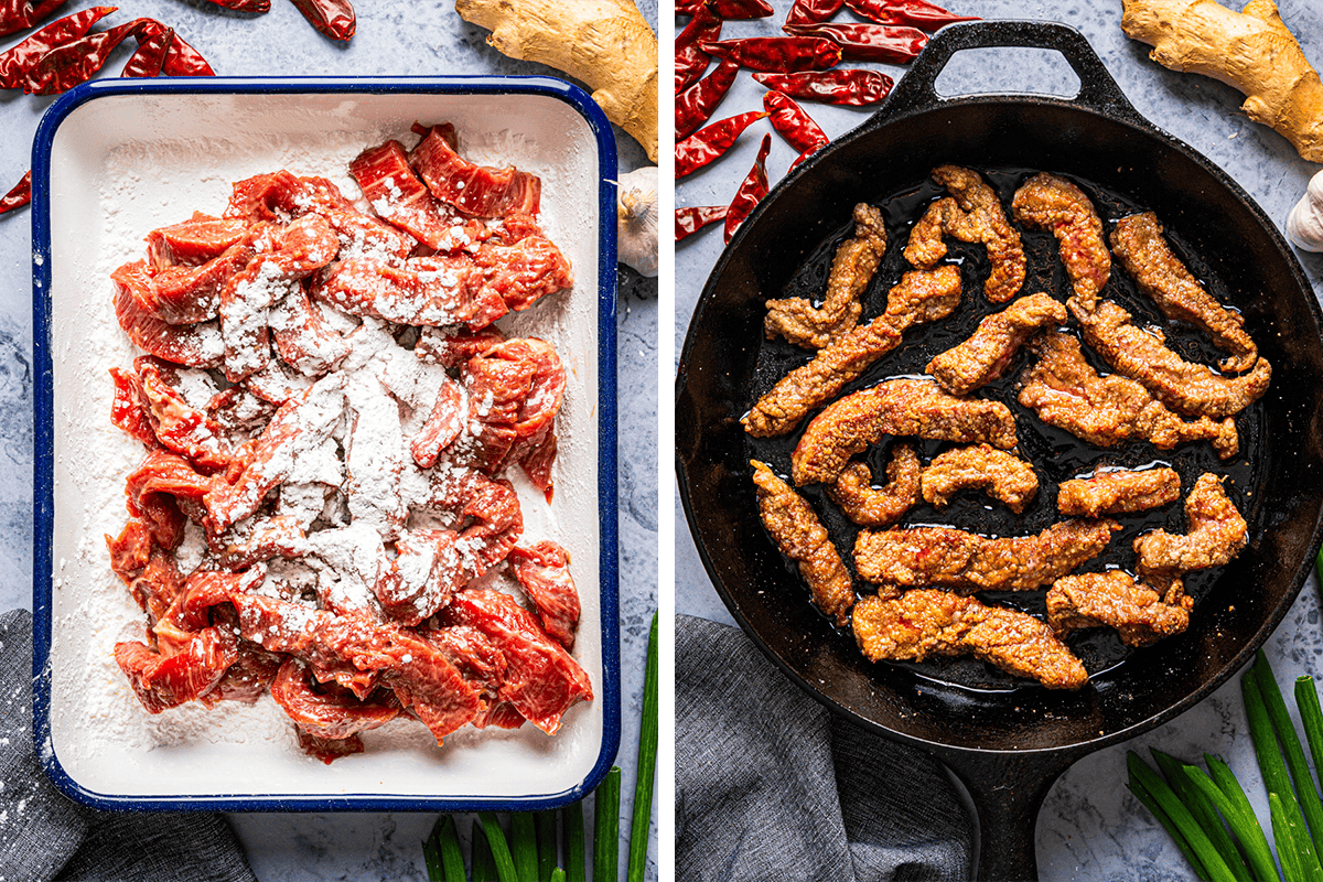 Split image: The left side shows raw beef strips coated in cornstarch on a white tray. The right side shows coated beef strips frying in a black cast-iron skillet.