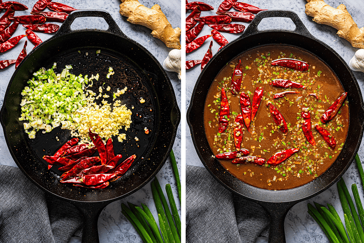 Two side-by-side images show a cast iron skillet. The left side has chopped scallions, minced garlic, and dried red chilies saut&eacute;ing. The right side shows the same skillet with a brown sauce and red chilies simmering.