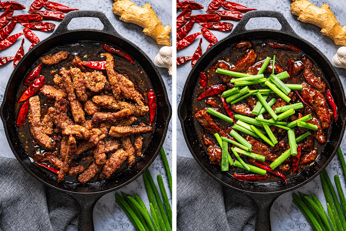 Two side-by-side images of a skillet with spicy beef stir fry, dried red chilies, and sauce. The right image shows the dish topped with sliced green onions. 