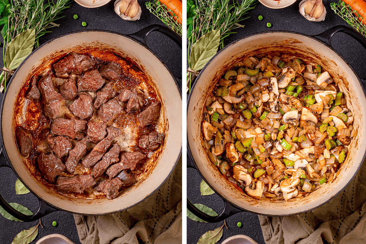How to Make Mulligan Stew (process shots) Side-by-side images in a pot: left shows browned beef chunks, right shows chopped mushrooms, celery, and onions sautéing. Herbs, garlic, and bay leaves surround the pots on a dark surface.
