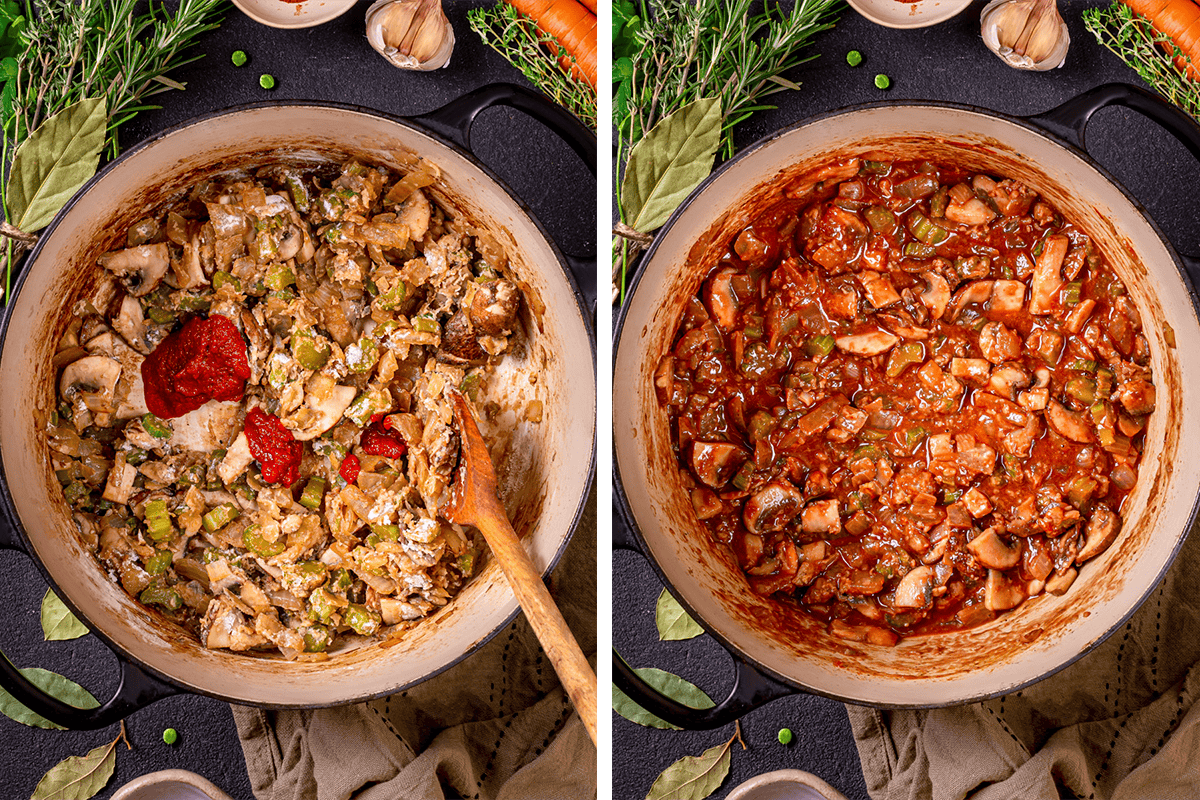 How to Make Mulligan Stew (process shots) Two side-by-side images of a pot. The left image shows chopped mushrooms, celery, and tomato paste being mixed. The right image shows the same mixture cooked into a chunky tomato sauce. Fresh herbs and vegetables surround the pot.
