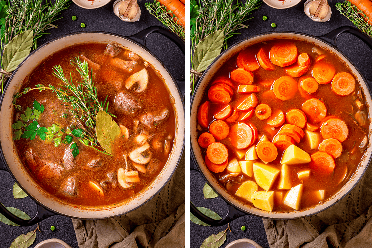 How to Make Mulligan Stew (process shots) Two side-by-side images of a pot with Mulligan stew. Left: beef, mushrooms, herbs, and bay leaf in broth. Right: sliced carrots and potatoes added to the broth.