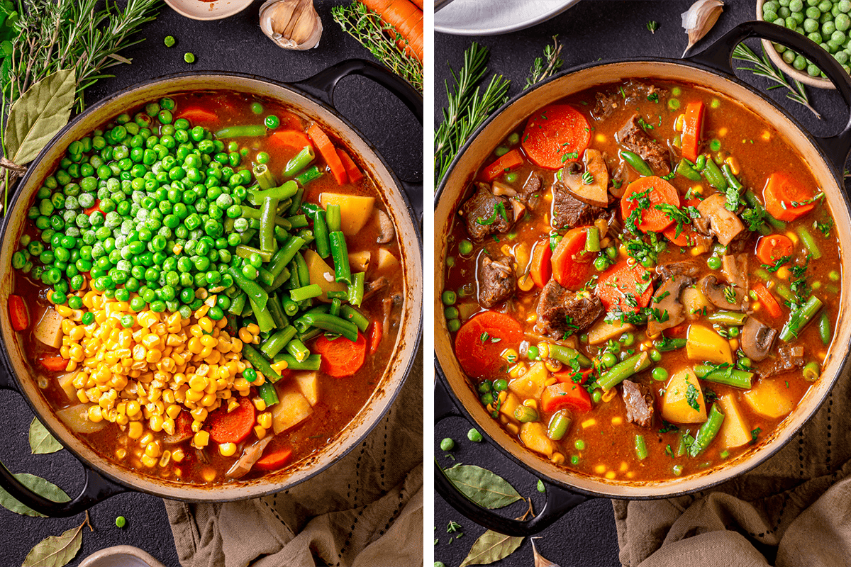 How to Make Mulligan Stew (process shots) Two side-by-side images of a pot of Mulligan stew. The left shows uncooked peas, corn, carrots, and green beans on top; the right shows the same stew fully cooked and mixed, with visible chunks of beef and vegetables.