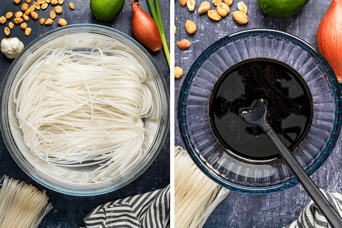 Two side-by-side images: on the left, a bowl of soaking rice noodles in water; on the right, a bowl of dark sauce with a fork, surrounded by shallots, green onions, peanuts, and other ingredients on a dark surface.
