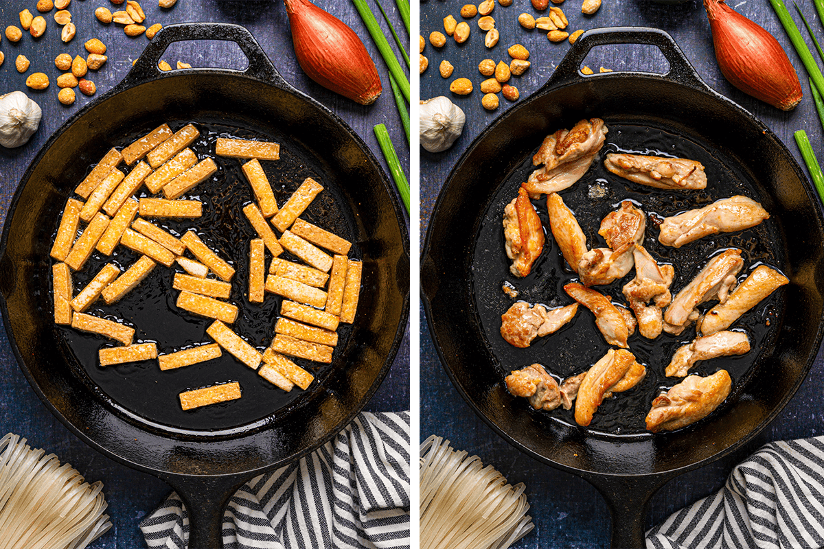 Side-by-side images show a cast iron skillet with tofu pieces on the left and chicken pieces on the right, surrounded by shallots, garlic, peanuts, green onions, and dry noodles on a dark surface.