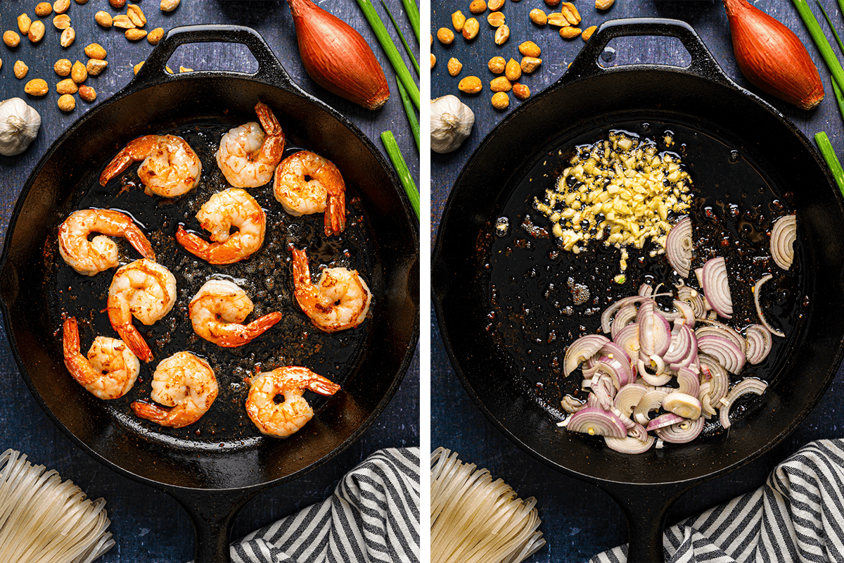 Split image: Left side shows shrimp saut&eacute;ing in a black cast iron skillet. Right side shows sliced shallots and minced garlic saut&eacute;ing in the skillet. Ingredients like pasta, peanuts, and scallions surround the pans.