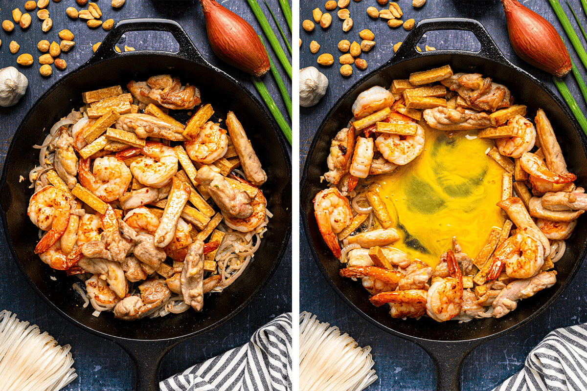 Two side-by-side images show a skillet with shrimp, chicken, tofu, and vegetables. In the right image, beaten eggs have been added to the center. Ingredients like shallots, garlic, and peanuts are arranged around the skillet.