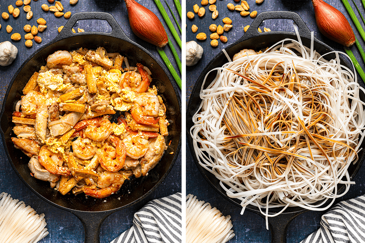 Side-by-side images: on the left, a skillet with shrimp, chicken, egg, and vegetables; on the right, a skillet filled with drained rice noodles. 